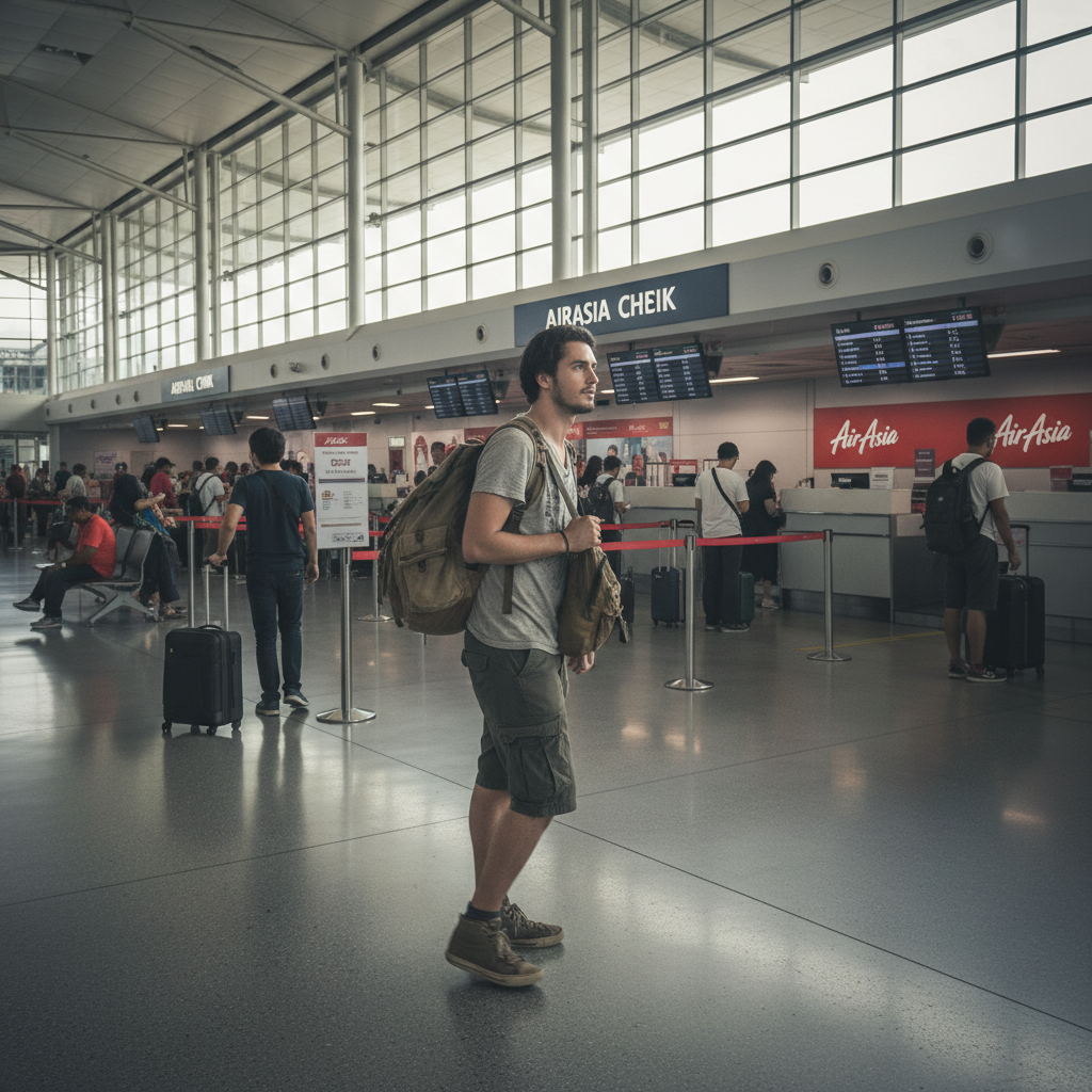 Thai backpacker traveller at Don Mueang Airport (DMK) Terminal 1 walking toward the AirAsia check-in lane, natural daylight inside the terminal