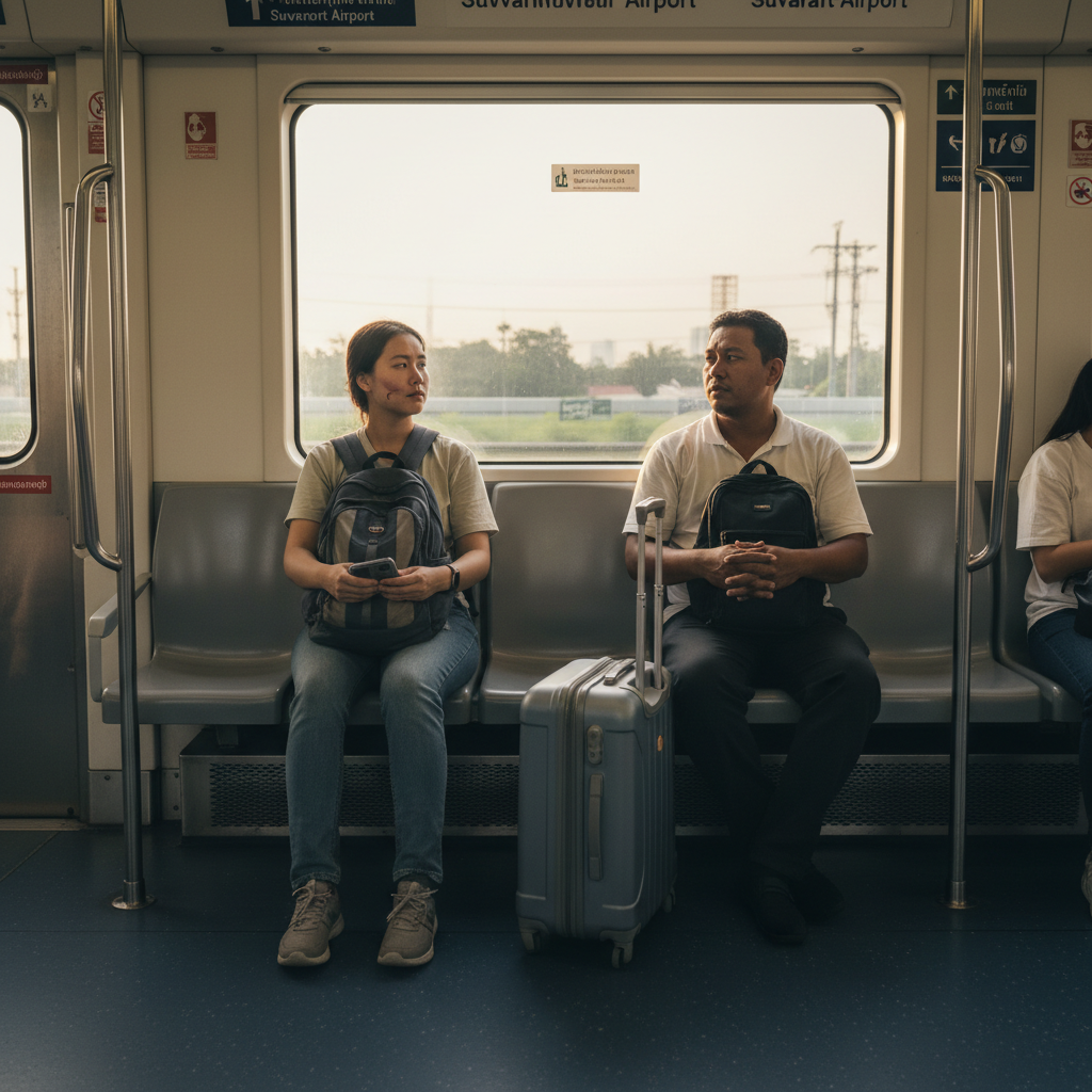 Bangkok BTS Airport Rail Link train interior heading toward Suvarnabhumi (BKK), two Thai commuters with carry-on luggage seated by the window
