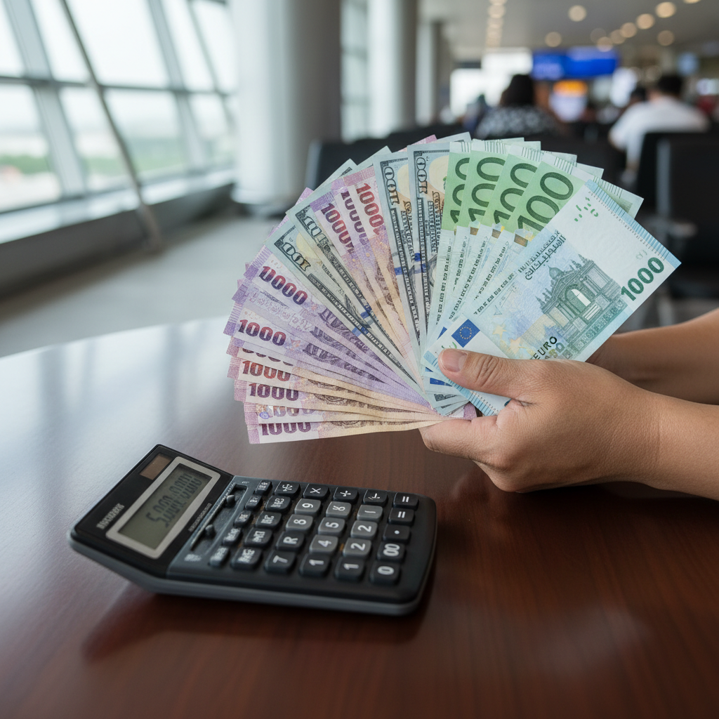 เครื่องคำนวณ THB ↔ USD/EUR/SAR/AED — อัตราแลกเปลี่ยน 2026 + สนามบิน vs เมือง